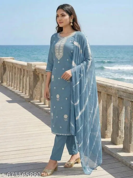 Embroidered A-line Kurta Set for Women (Blue, S)