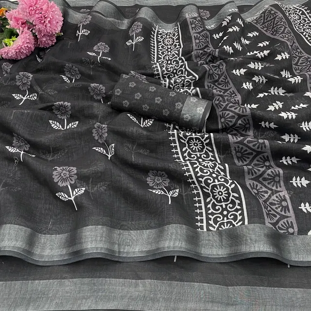 Linen Printed Saree for Women, Multicolor (6.3 m)