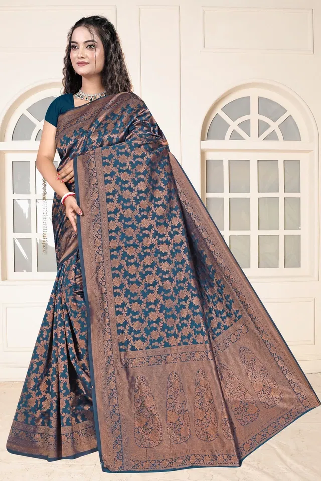 Jacquard Woven Design Saree for Women, Teal (6.3 m)