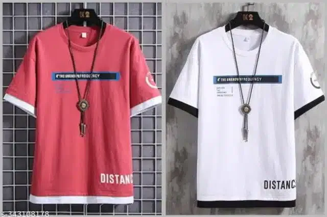 Half Sleeves T-Shirt for Men (Pink & White, XL) (Pack of 2)