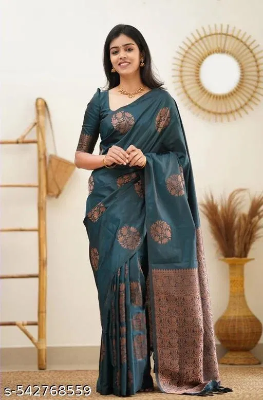 Banarasi Silk Saree for Women (Indigo, Free Size)