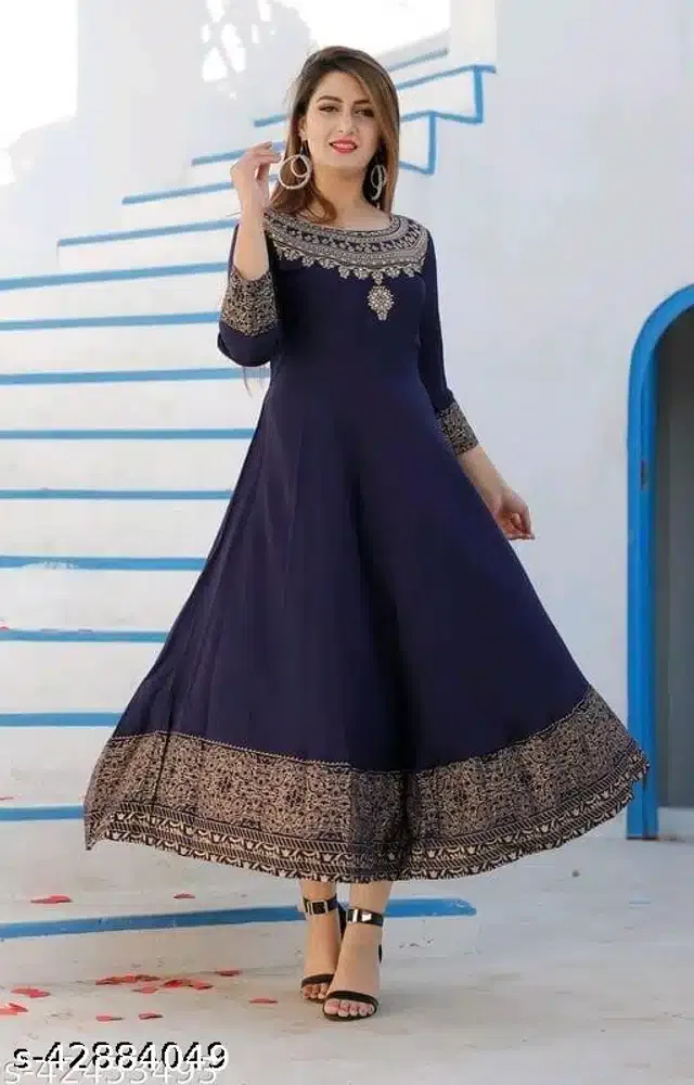 Rayon Printed Kurti for Women (Navy Blue, XL)