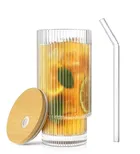 Afast Ribbed Glassware with Bamboo Lids and Straws 300 ml- Stackable Iced Coffee Cups, Vintage Drinking Glasses, Glass Tumbler for Soda, Juice,, Coffee, Milk, Water (Pack of 1)
