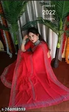 Organza Embellished Saree For Women, Red