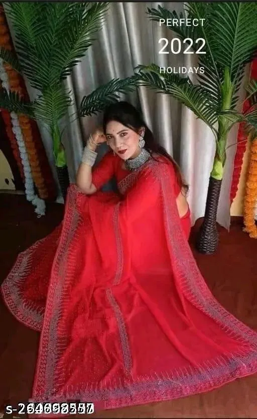Organza Embellished Saree For Women, Red