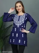 Cotton Chikankari Short Kurti for Women, Blue 