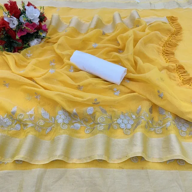 Chanderi Cotton Embroidered Saree for Women (Yellow, 6.3 m)