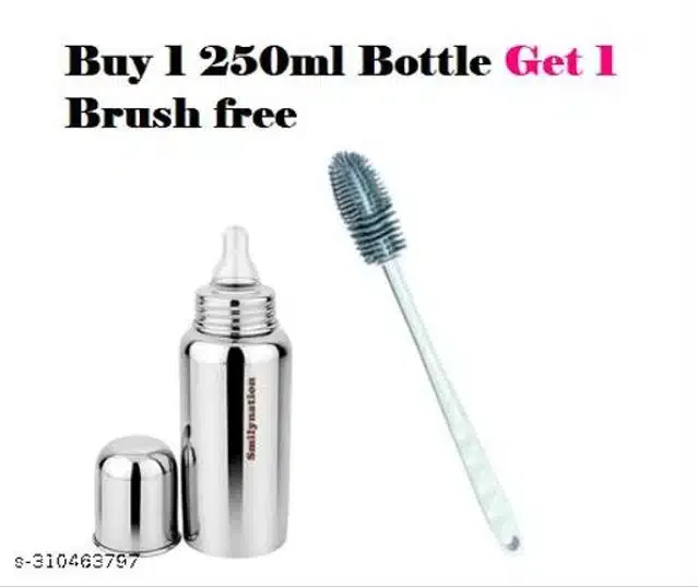 Stainless Steel Milk Feeding Bottle (250 ml) with Bottle Cleaning Brush for Infants (Multicolor, Set of 2)