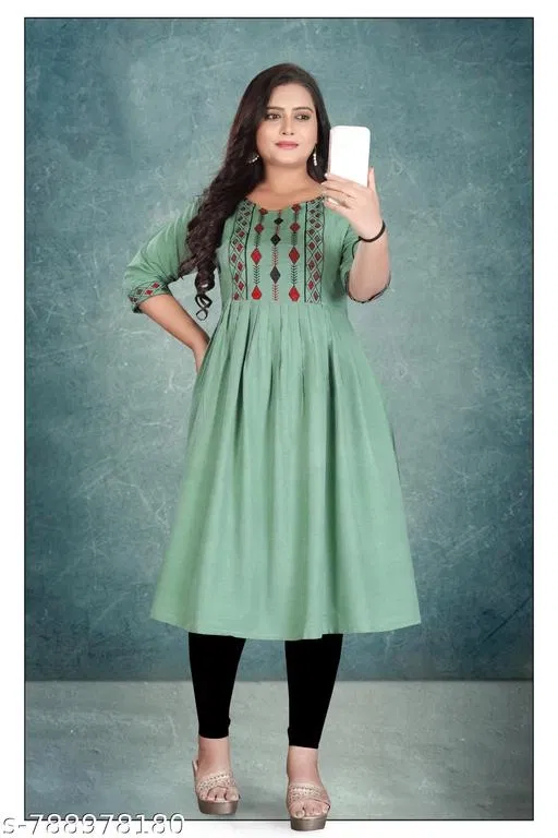 Stripe Cotton Kurti for Women (Green, M)