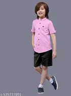 Solid Cotton Blend Mandarin Neck Short Sleeves Shirt for Boys 