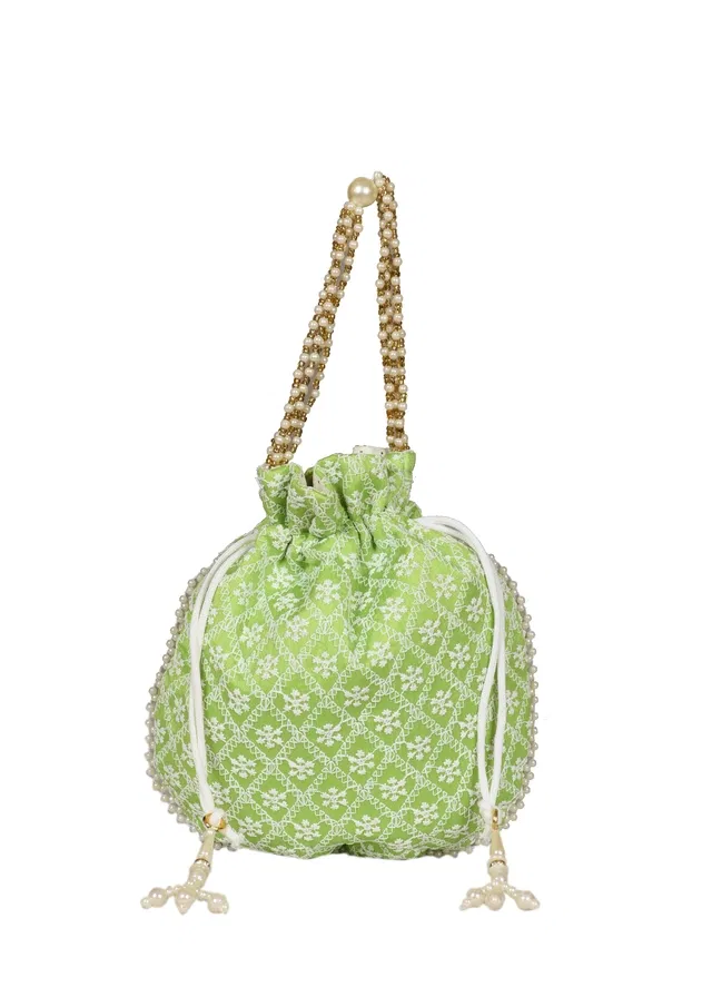 Silk Floral Ethnic Rajasthani Traditional Work Potli with Handle for Return Gifts (Sea Green)
