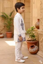 Silk Blend Printed Kurta & Paints Set for Boys , White 