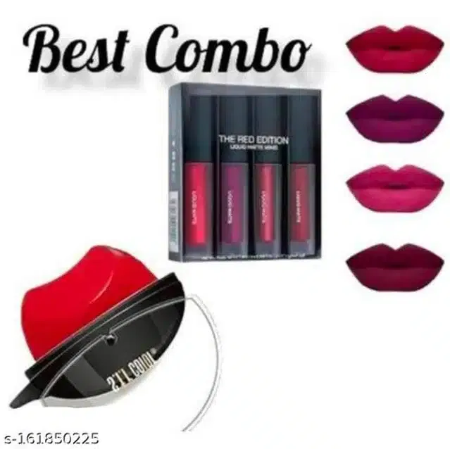 Combo of Apple Shape & 4 Pcs Waterproof Liquid Lipsticks (Multicolor, Set of 2)