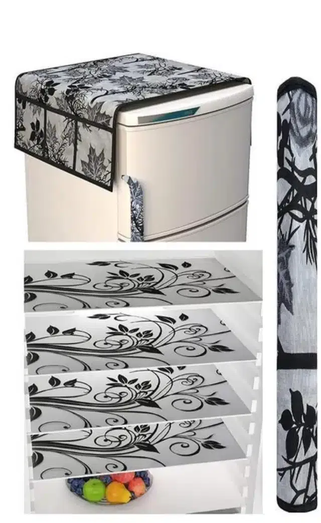 Knit Printed Fridge 4 Pcs Mat with Handle & Top Cover (Multicolor, Set of 1)