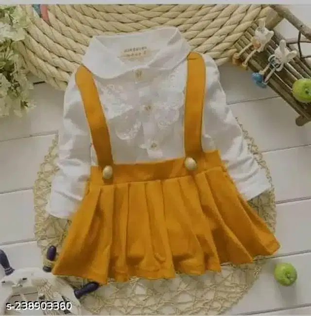 Cotton Blend Full Sleeves Dress for Girls (White & Mustard, 18-24 Months)