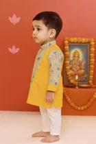 Cotton Printed Kurta with Payjama for Boys, Yellow & White 