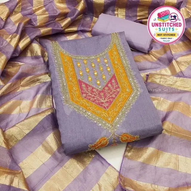 Vichitra Silk Embroidered Unstitched Suit Fabric, Purple