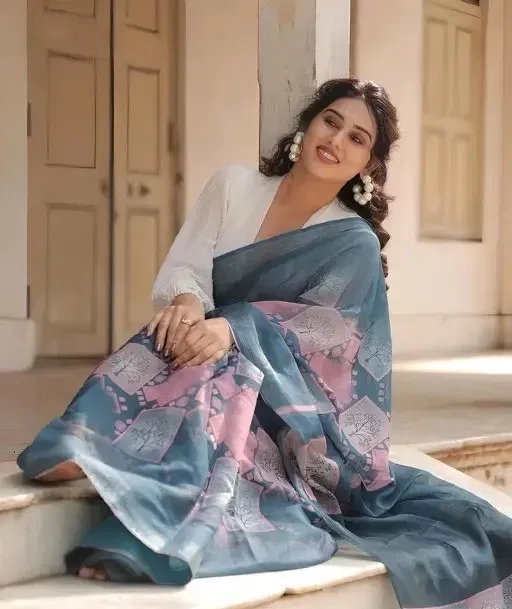 Cotton Linen Printed Saree for Women (Multicolor, 6.3 m)