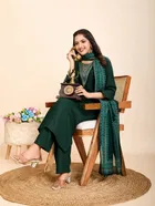 Cotton Printed Kurta with Pant & Dupatta for Women (Green, S)