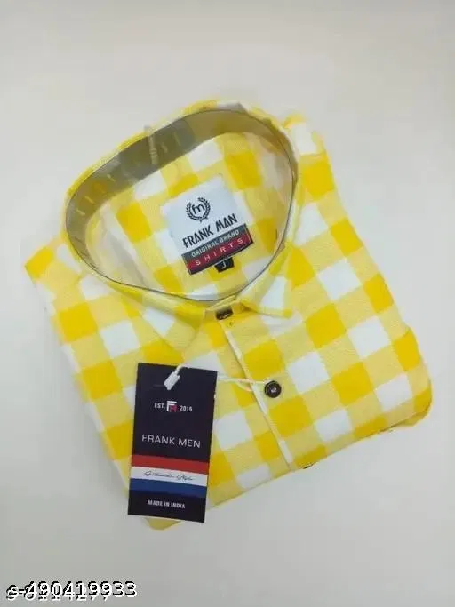Cotton Blend Checked Shirt for Men, Yellow (XL)