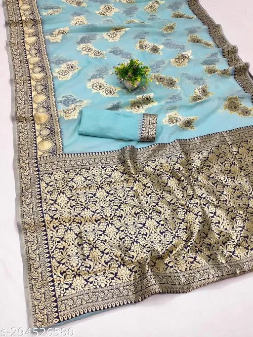 Cotton Zari Woven Saree for Women (Sky Blue, 6.3 m)