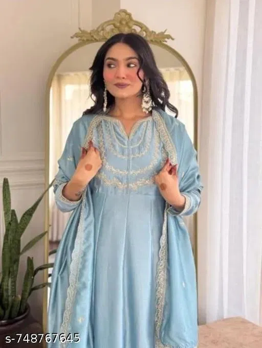 Embroidered Anarkali Kurta Set for Women (Aqua Blue, XXXL)
