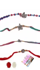 Metal 4 Pcs Rakhi with Greeting Card & Roli Chawal 