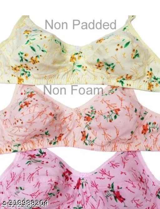 Hosiery Printed Bra for Woman, Multicolour, Pack of 3 (40A)