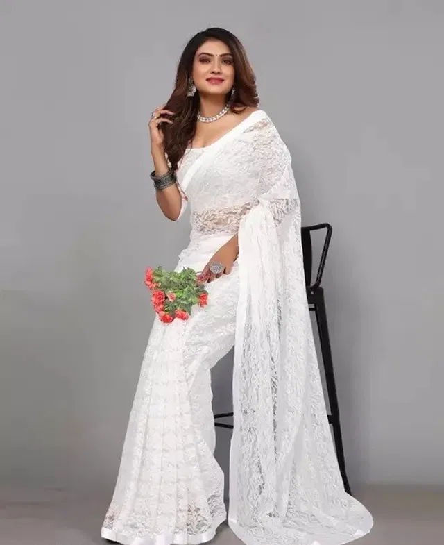 Net Solid Saree for Women (White, 6.3 m)