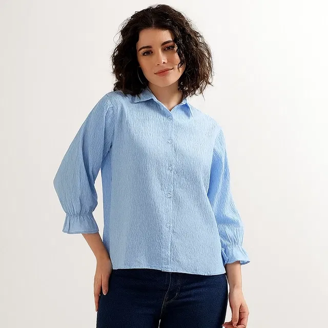 Women's Crinkled Button-Up Shirt, L (Aqua Blue)