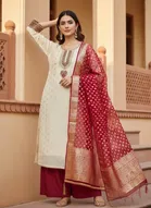 Cotton Silk Embellished Unstitched Suits Fabric for Women, Beige & Red