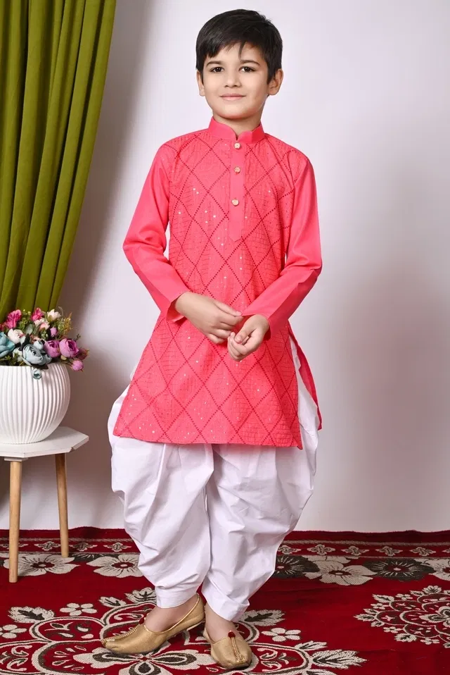 Cotton Embellished Kurta with Dhoti for Boys, Pink & White (6-12 Months)
