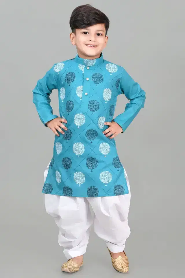 Cotton Printed Kurta with Patiyala Set for Boys (Turquoise & White, 6-7 Years)