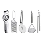 Oc9 Stainless Steel Lemon Squeezer & Cheese Grater & Pizza Cutter & Potato Masher & Roti Chimta Kitchen Tool Set 