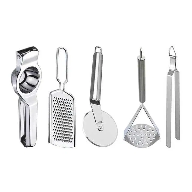 Oc9 Stainless Steel Lemon Squeezer & Cheese Grater & Pizza Cutter & Potato Masher & Roti Chimta Kitchen Tool Set (O-127)