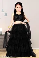 Net Solid Lehenga Choli with Dupatta for Girls (Black, 1-2 Years)