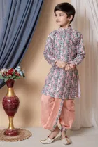 Dupion Silk Printed Kurta with Dhoti for Boys, Multicolor 