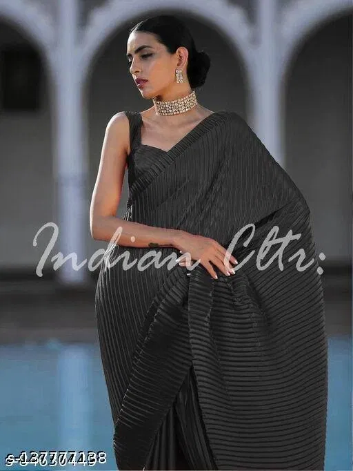 Crushed Satin Party Wear Saree for Women (Black)