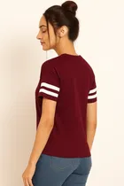 Women's Casual Wear Striped sleeves Regular Fit T-shirt Wine Style-4 
