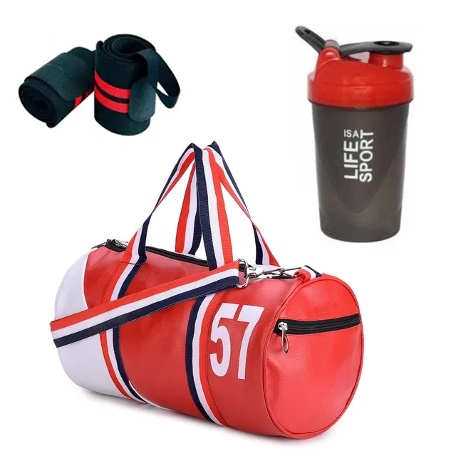 Polyester Printed Gym Bag with Wristband & Shaker Bottle (400 ml) for Men & Women (Multicolor, Set of 1)