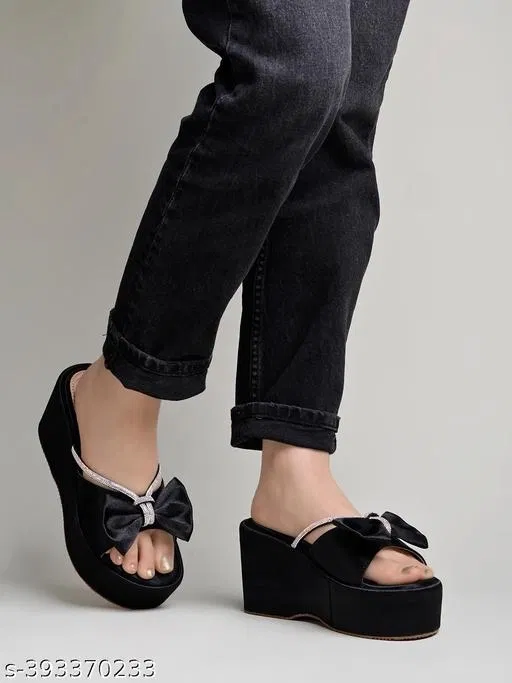 [22] Embellished Suede Platform Sandals for Women (Black, IND-5)