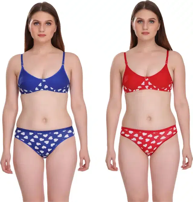 Cotton Blend Lingerie Set for Women (Blue & Red, 36) (Set of 2)