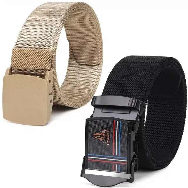 Casual Nylon Belts for Men (Cream & Black, Pack of 2)