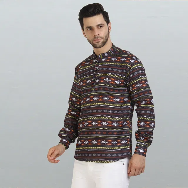 Cotton Blend Printed Kurta for Men (Brown, XXL)