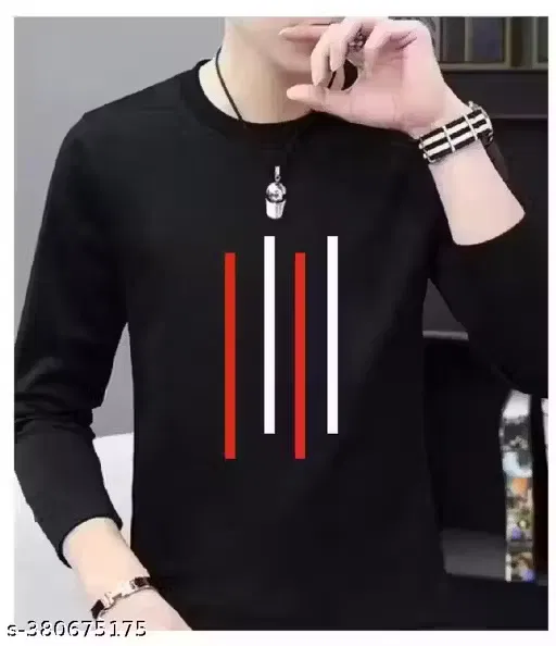 Polyester Striped Full Sleeves T-Shirt for Men, Black (XXL)