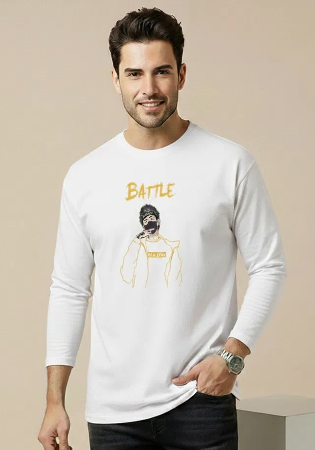 Polyester Printed T-shirt for Men, White (M)