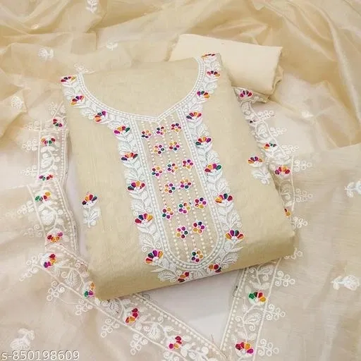Chanderi Cotton Embroidered Unstitch Dress Material for Women (Cream)