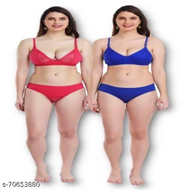 Cotton Blend Solid Lingerie Set for Women (Multicolor, 34A) (Pack of 2)