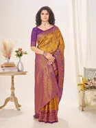 Litchi Silk Zari Embroidered Saree for Women, Yellow 