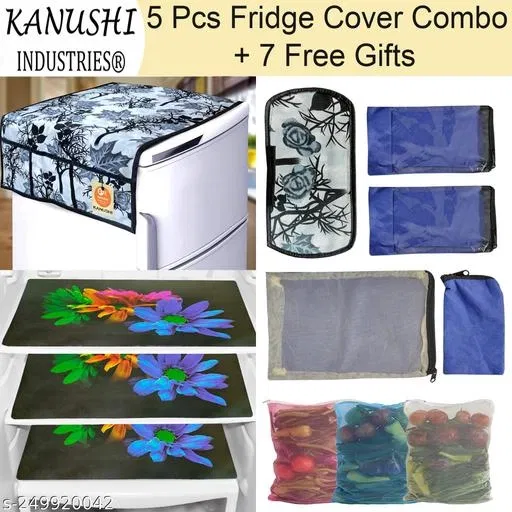 KANUSHI Industries® 1Pc Fridge Cover for Top with 6 Utility Pockets + 1 Handles Covers + 3 Fridge Mats + 7 Free Gifs (FRI-BLACK-SHUB-COMBO-M-24+7-GIFS)